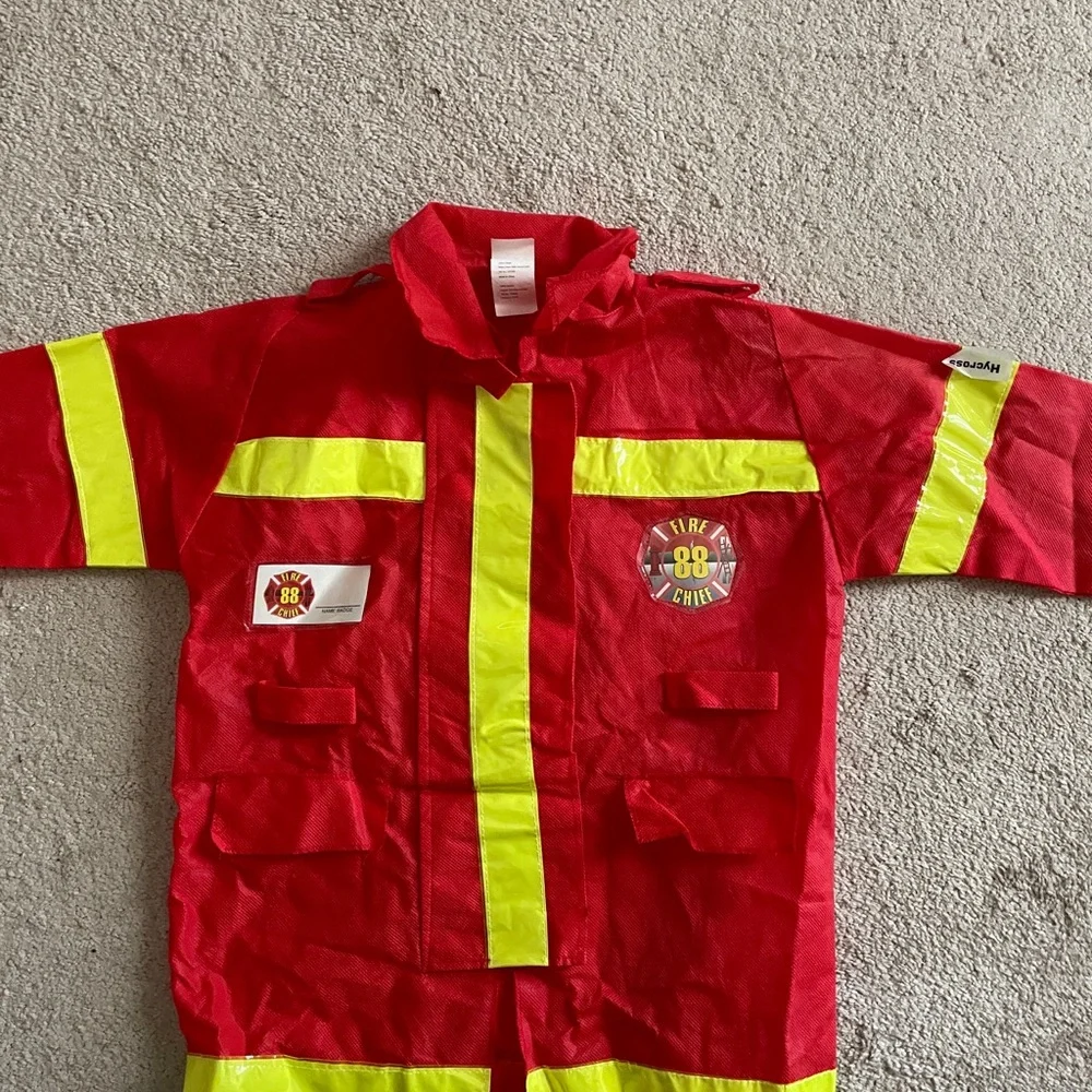 Kids Red Fire Chief Costume Jacket with Yellow Reflective Stripes